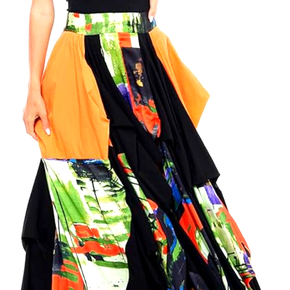 Boho Black & Orange Multicolor Tov The Damsel`s Asymmetrical Maxi Skirt